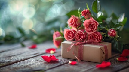 Valentines concept with bouquet of roses and wrapped gift box on wooden table