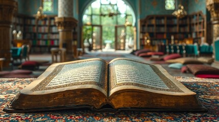 Old quran book open in a mosque, closeup view - obrazy, fototapety, plakaty