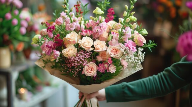 beautiful luxury bouquet of mixed flowers in woman hand. the work of the florist at a flower shop