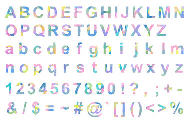 ペイントされたカラフルなアルファベットと数字、記号などのアイコン