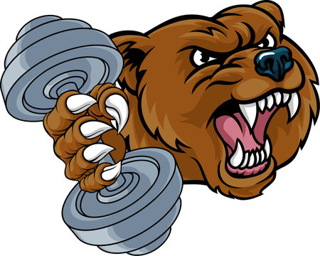 A bear grizzly weight lifting gym animal sports mascot holding a dumbbell in its claw
