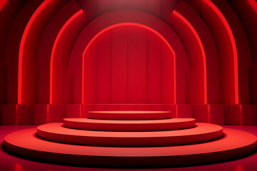 Red Wall Backdrop With Red Boxshaped Stand, A Red Stage With A Round Platform