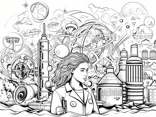 Science Day, A Woman Standing In Water With A City In The Background