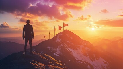 business, success, leadership, achievement and people concept - silhouette of businessman with flag on mountain top over sky and sun light background