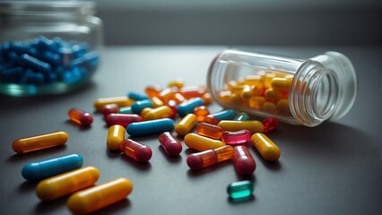 Bunch of colorful pharmaceutical vitamin and pills on a table on hospital background from Generative AI - obrazy, fototapety, plakaty