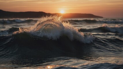 Close up of waves on the ocean at sunset from Generative AI