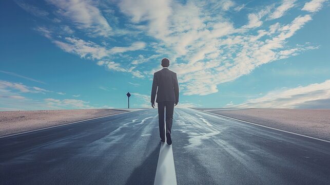 Businessman walking on highway road going up as an arrow in sky