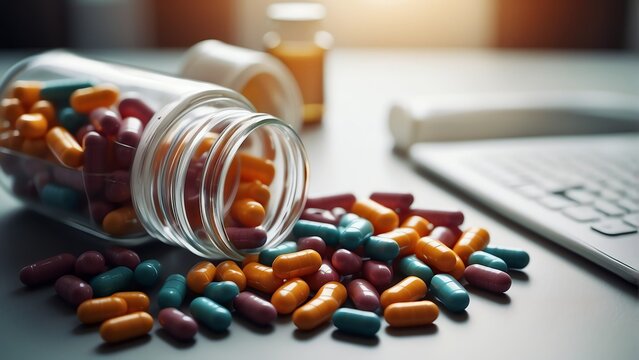 Bunch of colorful pharmaceutical vitamin and pills on a table on hospital background from Generative AI