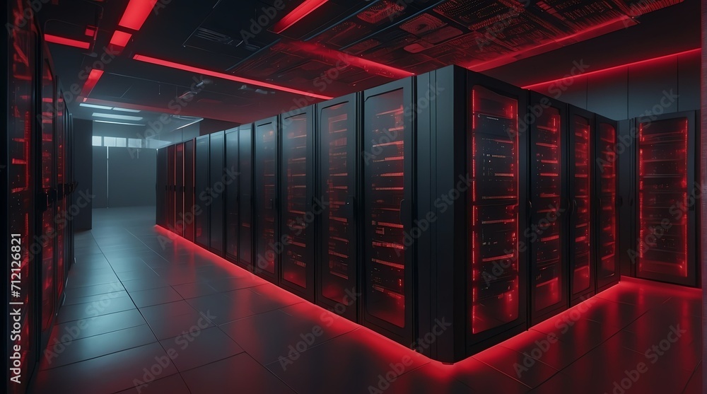 Aufkleber top aerial view of big data center with rows of server racks in a red light room, technology interne