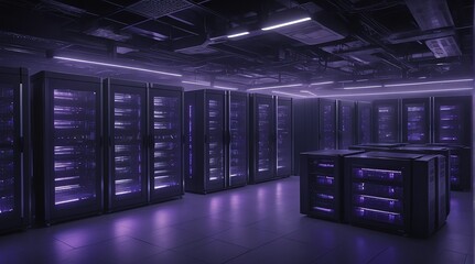 Top aerial view of big data center with rows of server racks in a purple light room, technology internet of things connect from Generative AI - obrazy, fototapety, plakaty