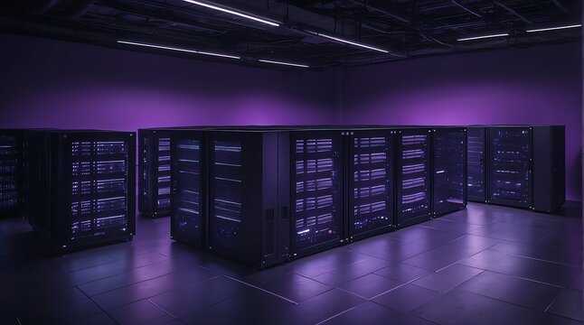 Top aerial view of big data center with rows of server racks in a purple light room, technology internet of things connect from Generative AI