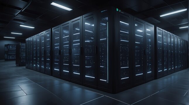 Top view of big data center with rows of server racks in a dark room, technology internet of things connections ad concept from Generative AI