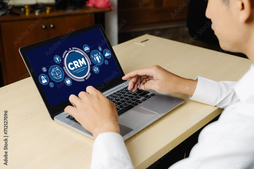 Poster customer relationship management system on modish computer for crm business and enterprise