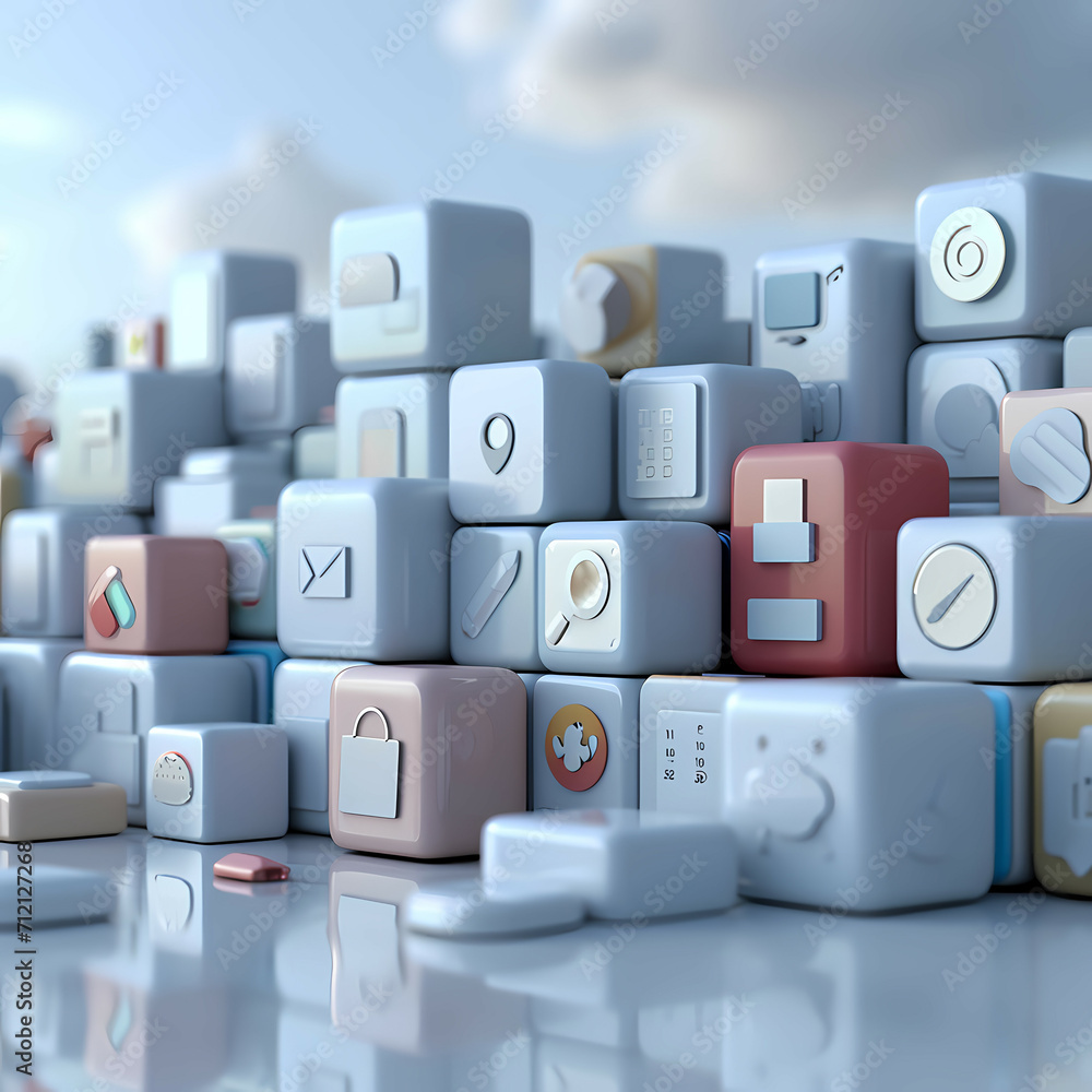 Poster set of icons arranged in a group 3d scene, a group of cubes with icons