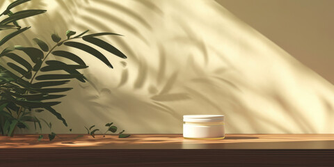 a container of lotion in front of a table, in the style of naturalistic shadows, generative AI