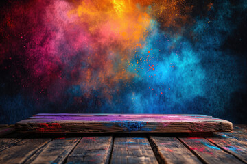 Colorful Holi powders on a top table with bokeh lights for mockup , AI generative - obrazy, fototapety, plakaty