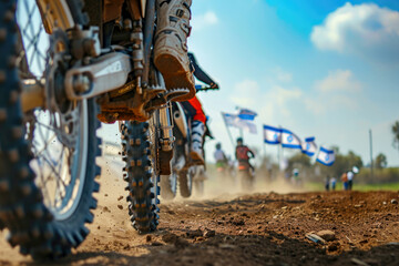 Motocross rider riding on dirt track closeup tyre Generative AI - obrazy, fototapety, plakaty