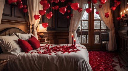 Romantic bedroom for lovers with bright hearts and balls