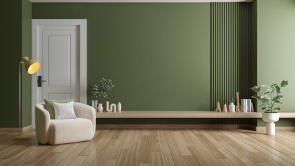 TV wall mounted with modern sofa with wood shelf in living room interior and green ,wall mockup ,3d rendering