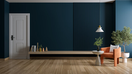 Fototapeta na wymiar Dark blue color,TV wall with modern armchair and wood shelf in living room interior ,wall mockup ,3d rendering