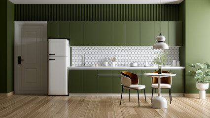 Green modern elegant kitchen and  dining interior design, Modern style furniture ,3d render mock up