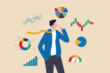 Businessman financial data analysis, economic and growth diagram, stock market exchange data, investment analysis, growth earning income concept, businessman thinking with data chart and graph. - obrazy, fototapety, plakaty
