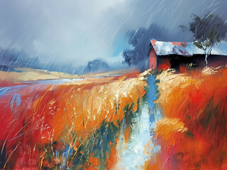 Abstract Oil Painting, Abstract, Contemporary Art, A Painting Of A House In A Field