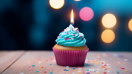 Birthday cupcake with burning candle on blue bokeh background,  Birthday greeting card.