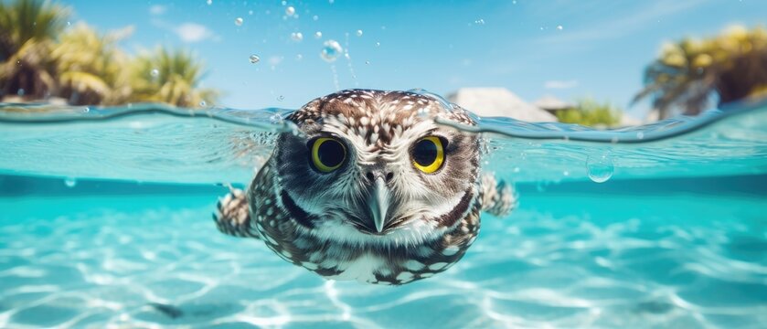 The image shows an owl swimming underwater in a pool of water, Ai Generated