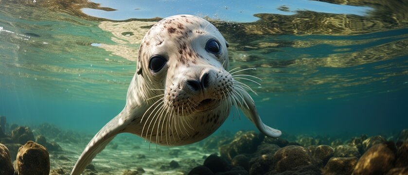 The image shows a close-up of a seal swimming underwater in the ocean, Ai Generated