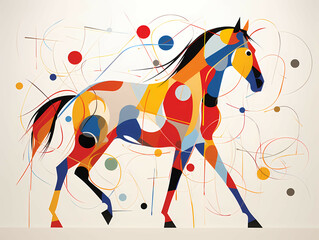 Obraz premium Minimalist Horse Line Art, A Colorful Horse With Many Circles And Dots