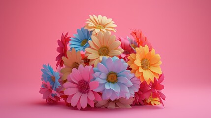 A collection of multicolored flowers arranged atop pink paper, depicted in the V-Ray tracing style, Ai Generated.