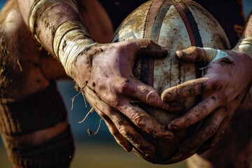 Detailed shot of a rugby player's hands lacing up a rugby ball, emphasizing the grip and tactile sensation - obrazy, fototapety, plakaty