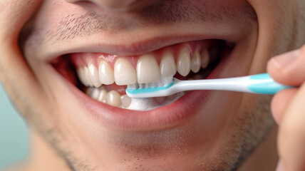 beautiful mouth of man with hand holding brush brushing, young man brushing him teeth with a toothbrush isolated on white background.generative ai