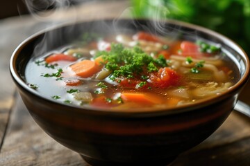 Detailed view of a bowl of steaming soup, with a focus on the broth, vegetables, and garnishes