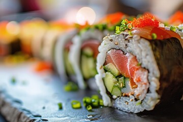 Detailed shot of a sushi roll, focusing on the precision of the cut and the fresh ingredients