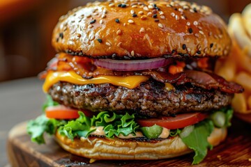 Detailed view of a gourmet burger with all the fixings, capturing the layers and the juiciness of the patty