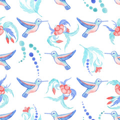 Hummingbirds and flowers watercolor seamless pattern. Hand drawn print with birds and an ornament for fabric and wallpaper in blue and pink tones. Backdrop in boho folk style.