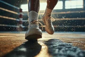 Extreme close-up of a boxer's shoes maneuvering in the ring, capturing agility and footwork - obrazy, fototapety, plakaty