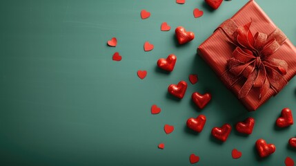 Red gift box paired with festive red hearts against a green backdrop, Ai Generated