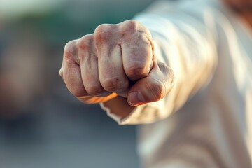 Extreme close-up of a martial artist's fist at the moment of striking a target, showing power and...