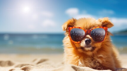 A small, white dog with a brown face is lying on a beach, Ai Generated