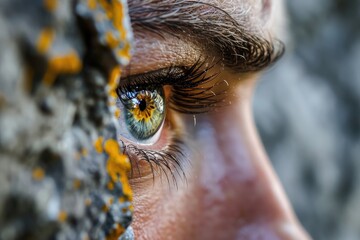 Extreme close-up of a rock climber's eye with reflection of the cliff face, reflecting focus and determination