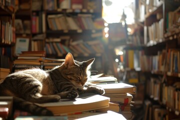 Inside a cozy bookstore, shelves overflowing with books and a cat napping in a sunbeam.