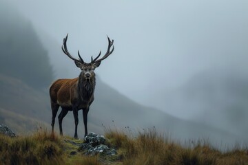 Lone red deer stag standing majestically in a misty highland glen