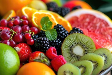Naklejka na ściany i meble Macro photography of a vibrant bowl of mixed exotic fruits, capturing their juicy freshness and vivid colors