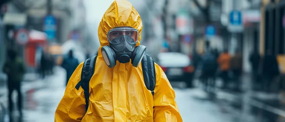 Tuinposter Man wearing bio hazard suits in on city streets due to pollution and contamination, working with team,generative ai © LomaPari2021