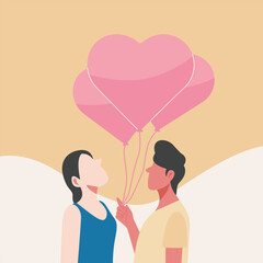 Vector illustration, Flat character design, a man and woman holding a heart shaped balloon together, love and valentine theme