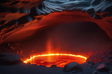 Underground cave with lake of magma. Hot fire cavern filled with lava. Photorealistic picture of rock grotto vaults illuminated by earth core heat. - obrazy, fototapety, plakaty