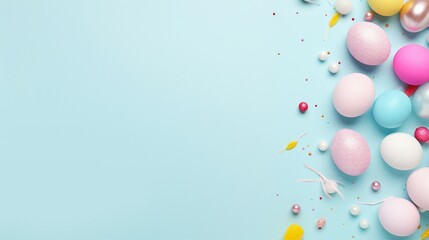 Whimsical Easter Decorations: Top View Photo of Colorful Eggs, Bunny Ears, and Sprinkles on Light Blue Background - Joyful Easter Concept